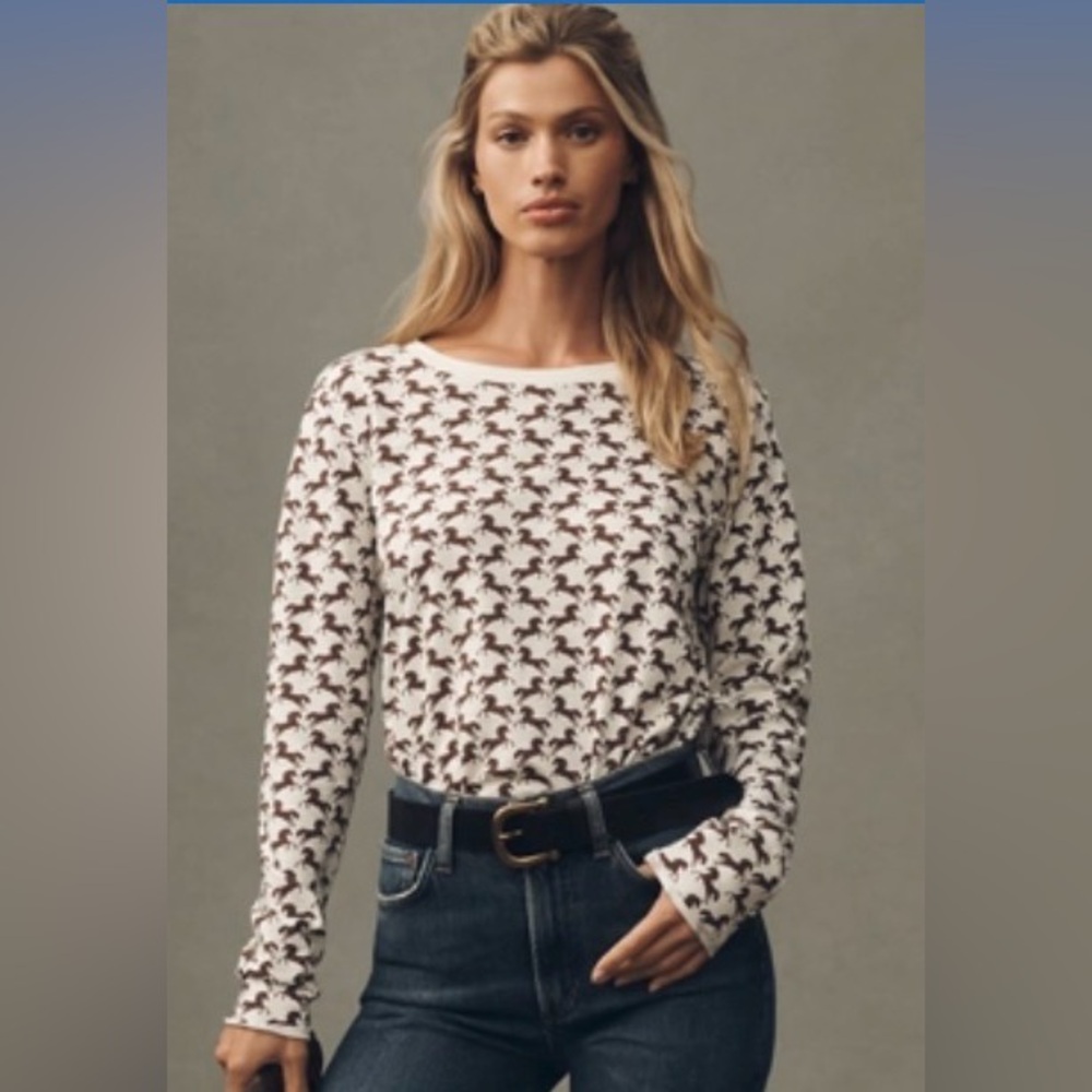 NWT THE CAITLIN BOXY TEE BY MAEVE: LONG-SLEEVE EDITION Equestrian Print XL